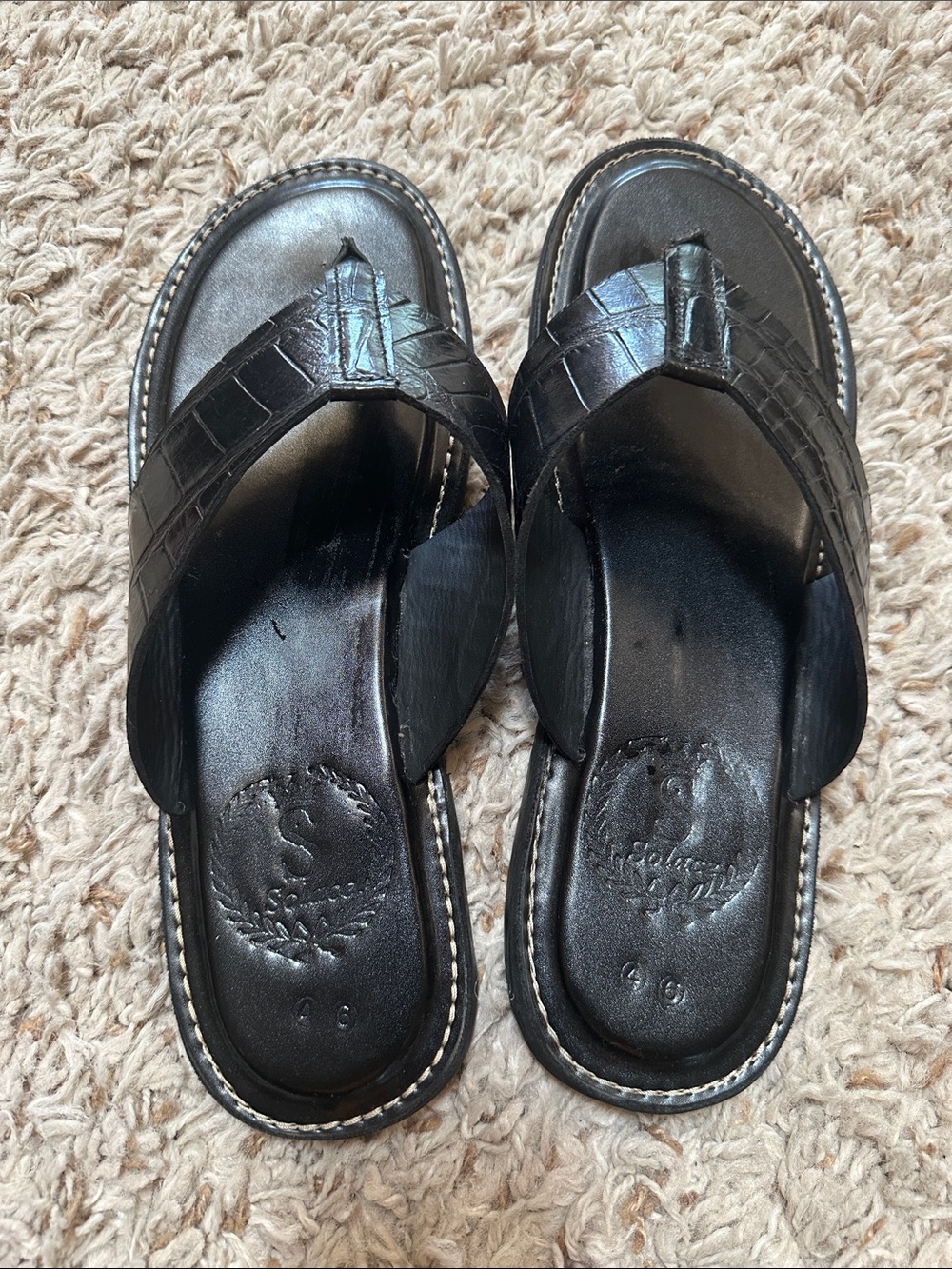 Men's Black Croc-Embossed Leather Thong Sandals
